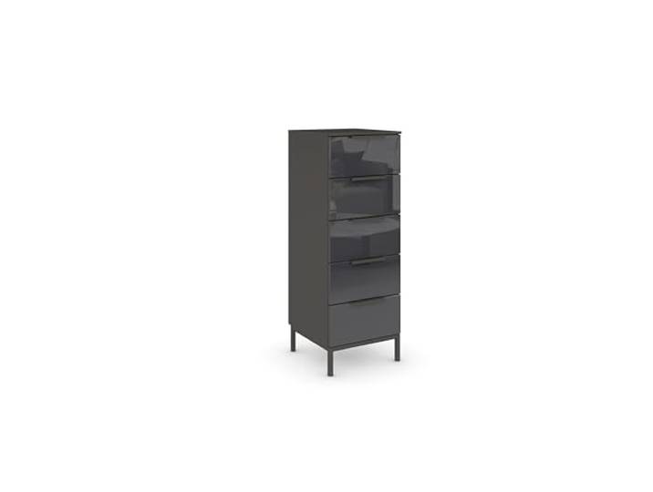 Rauch Möbel Flipp, Kommode, Farbe Glas Basalt/Graphit, Breite 40 cm Sideboard, 5 Schubladen, Glasfront, Soft-Close, Griffe, Metallkufe Graphit für Schlafzimmer, Gästezimmer, Wohnzimmer