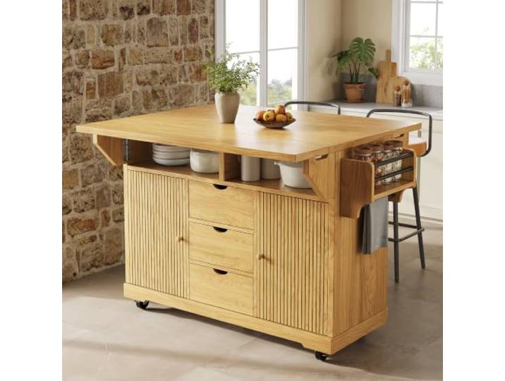 BXEYXE Servierwagen mit ausklappbaren Tischverlängerungen, 95 cm ergonomische Höhe, Küchenwagen mit Schubladen, mobiler Küchentisch, Arbeitsplatte, mit feststellbaren Rollen, Naturbraun