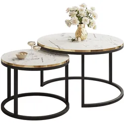 COUCHTISCH Set SOLEIL 2in1, rund, Weiß Marmor-Optik und Schwarz Gestell