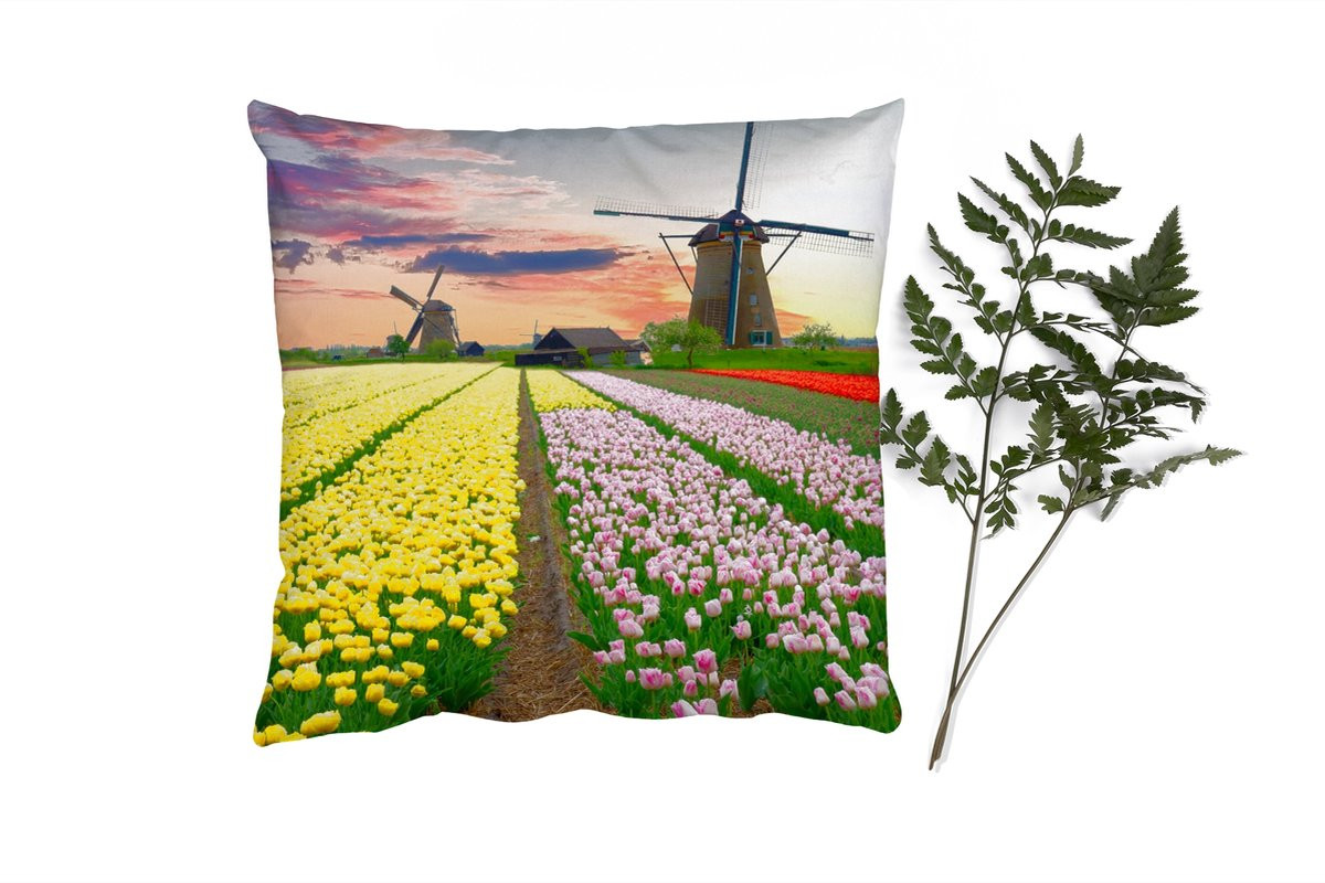 PillowMonkey Sierkussen met Windmolen en Tulpen Bloemenmotief - 60 x 60 cm
