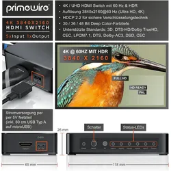 Primewire HDMI 2.0 Switch, 5-Port Ultra HD 4K HDMI Umschalter mit Fernbedienung, 5x IN/1x OUT Verteiler, Switch Box