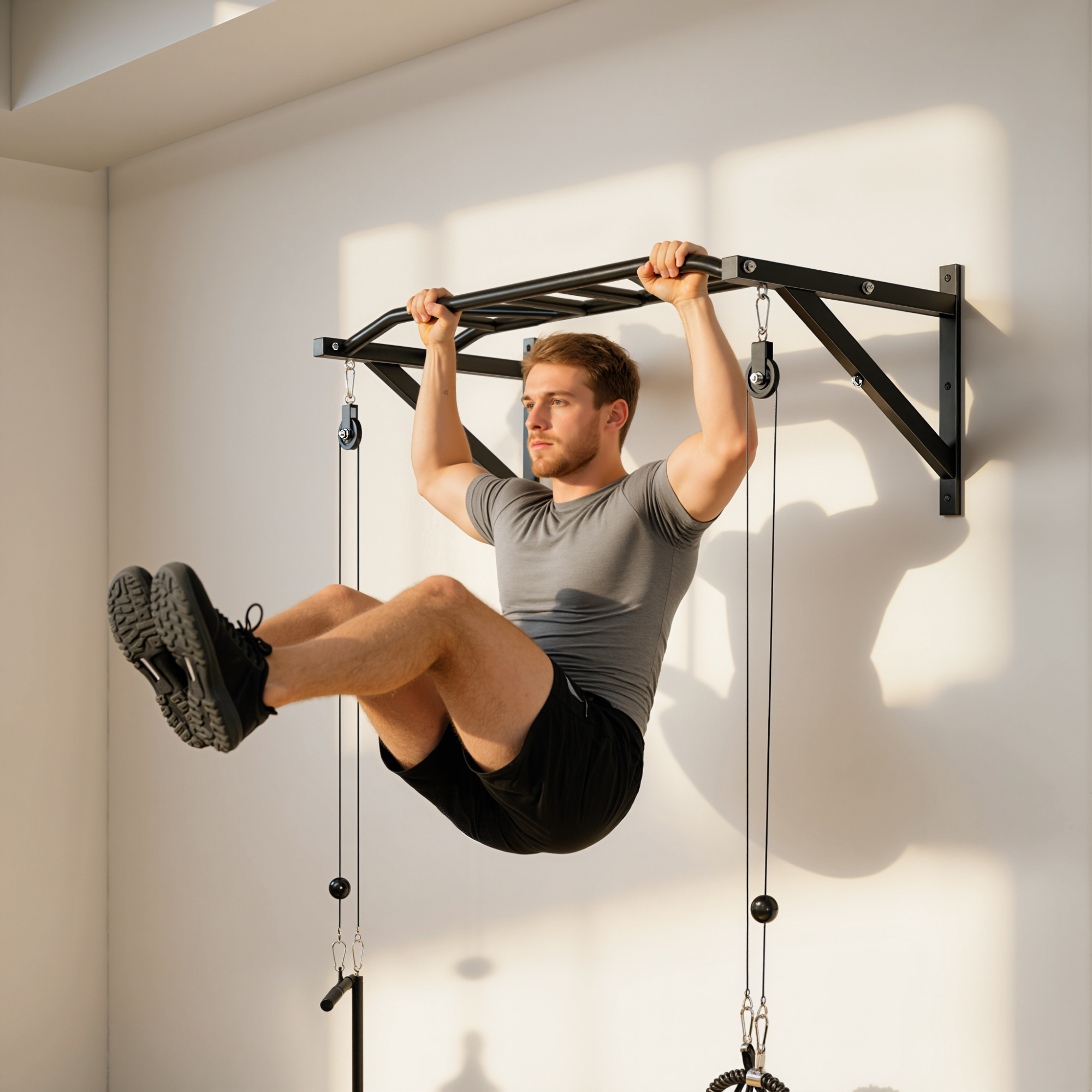 Sportnow Barra per trazioni da parete, con diverse impugnature e cavo, carico 200kg, in acciaio 126x60x45,5cm, Nero   Aosom Italy