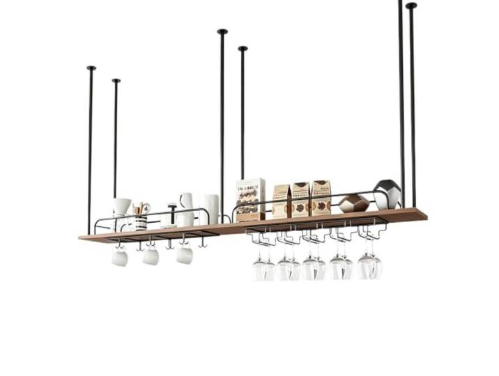 Decke schwebende Regale Lagerung Hängeregal für Küche Bar Weinregal Dekorationsaufhänger mit Leitplanke, Weinglasständer, Stielglasständer, Holz- und Metalleisen(1-TIER-140x30x50cm)