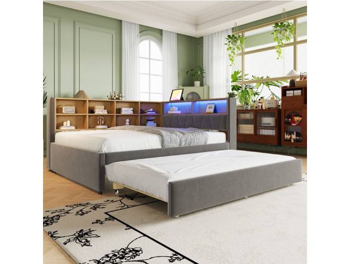 Lit Gigogne 140×200cm - Prise USB - LED - Étagères de Rangements - Flanelle Gris Foncé