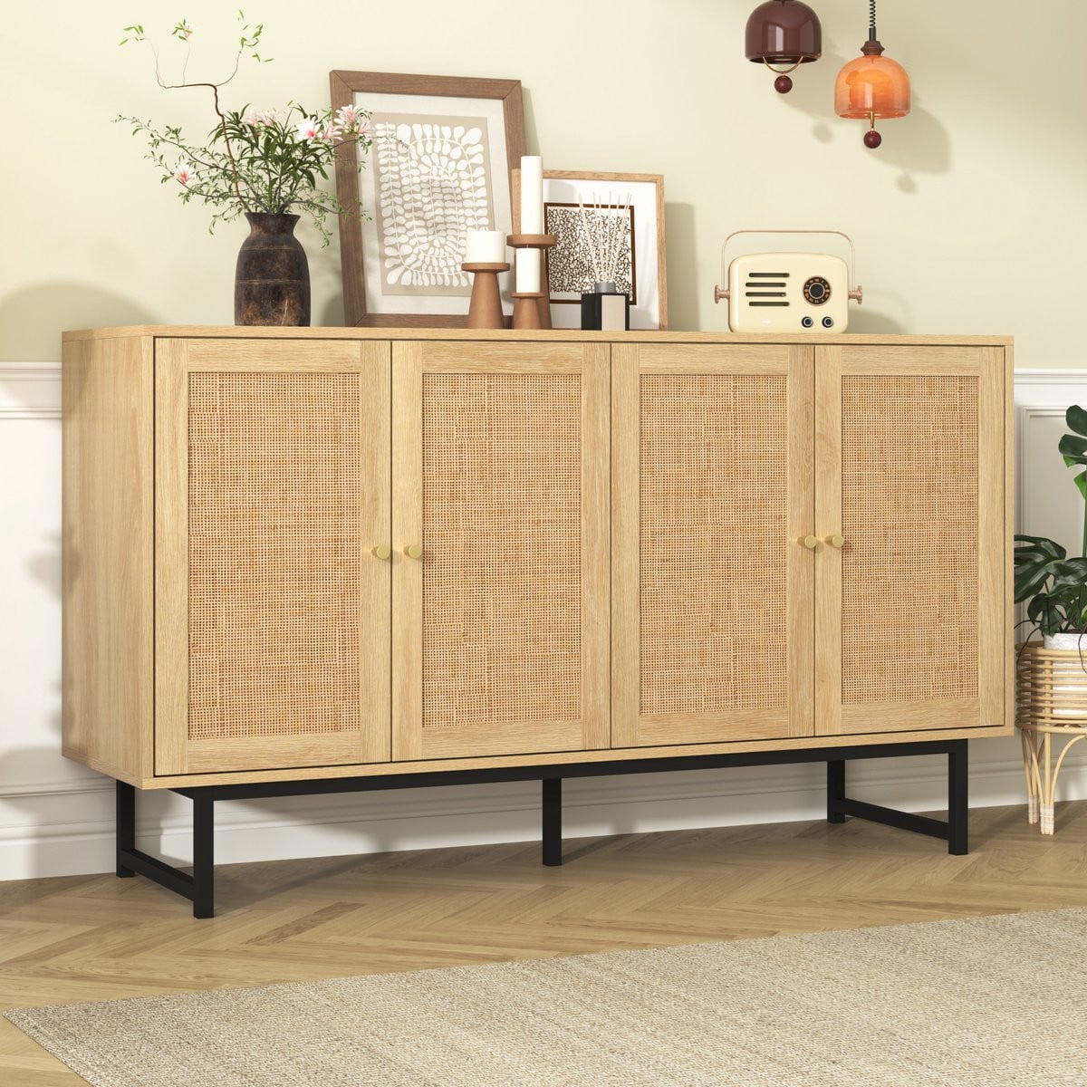 REDOM Sideboard met echt rattan en matgouden grepen, houtlook, 4 deuren, B/D/H: 140 x 39,5 x 80 cm