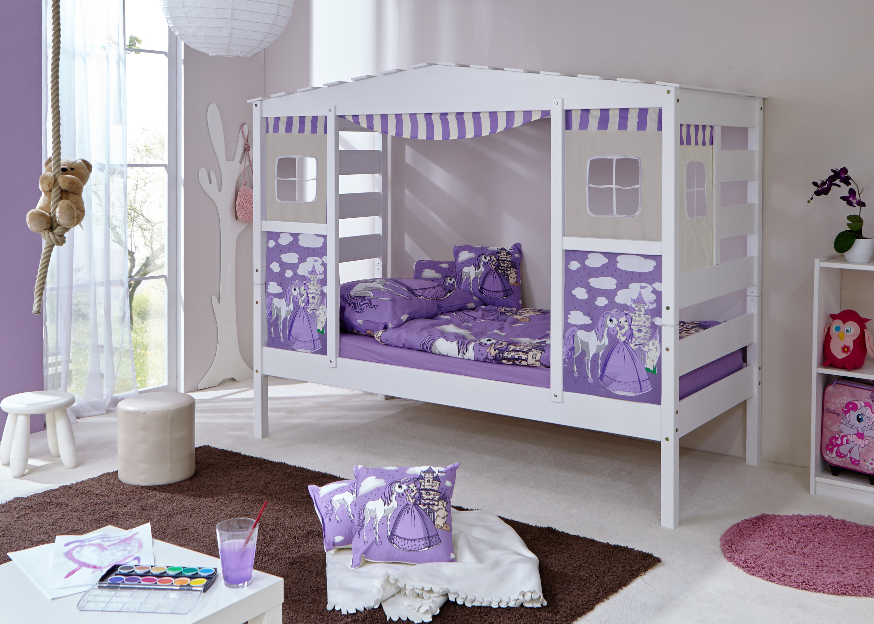 Hausbett Hochbett Spielbett Massivholz Kiefer Weiss teilbar