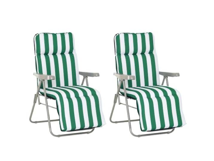 Outsunny Lot de 2 Chaise Longue Bain de Soleil Adjustable Vert + Blanc Pliable\, Transat\, Lit de Jardin en Acier