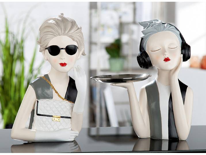 Figur Lady mit Tablett 24 x 27 x 17cm Grau/Beige