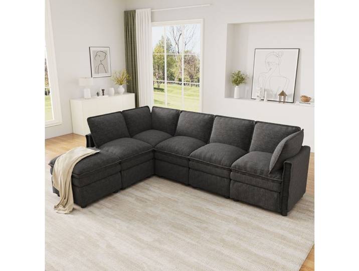 Ensemble de canapés avec 1 Canapé d'angle et 1 Ottomane Mobile - TCQPZ - Modulable en L ou U - Chenille - Gris