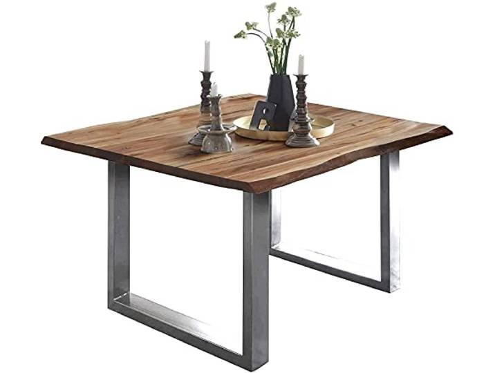SAM Esstisch Mephisto 80x80 cm Akazie Natur U-Gestell Edelstahl Baumkantentisch massiv, Akazienholz naturfarben, 26 mm Tischplatte, Esszimmertisch, Holztisch