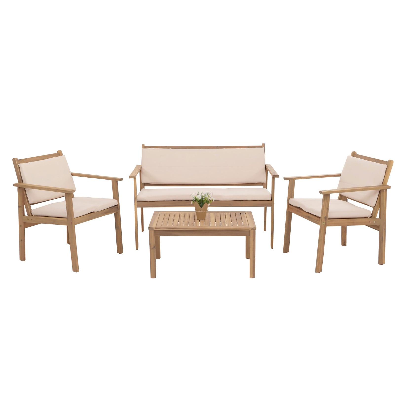 Garten-Garnitur MCW-O19, Lounge-Set Sitzgruppe Bank Sessel Tisch, Holz Akazie MVG Stoff/Textil (180g/m²) ~ Kissen beige