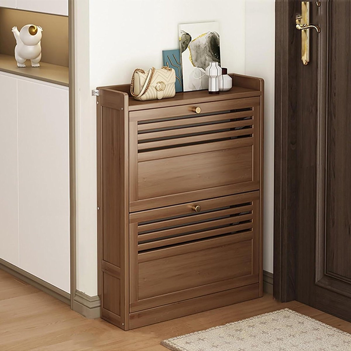 Smalle houten schoenenkast met ademende flip lades in naturel, Breedte: 50 cm