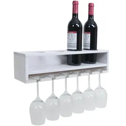 Weinregal MCW-P21, Glas-/Flaschenhalter Wandbar Regal für 4 Flaschen/6 Gläser Holz MVG-zertifiziert 12x48x12cm ~ weiß