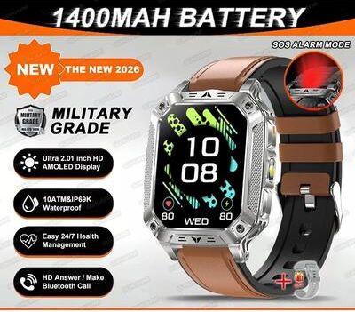 Uplift Essentials "TANK Ultra Military Smart Watch 1400mAh Battery & 2.01"" AMOLED 10ATM Waterproof GPS Tactical SmartWatch brown Leather"