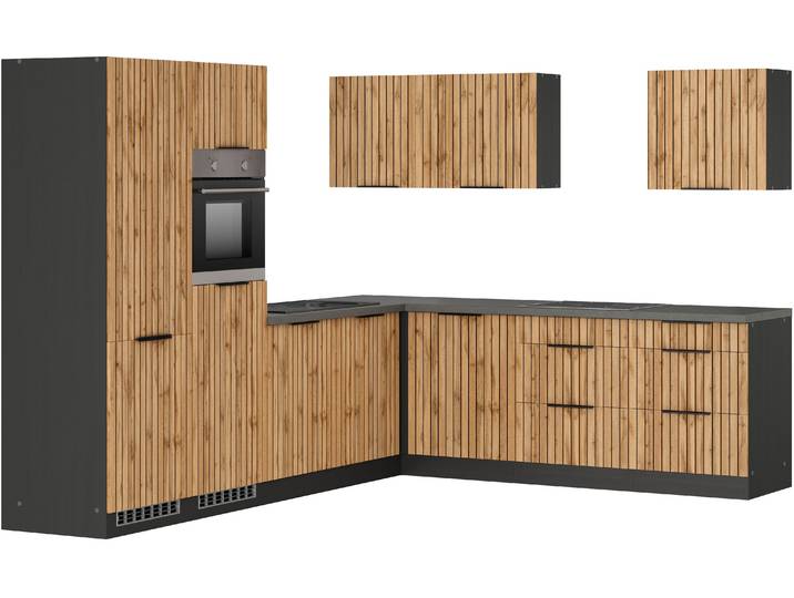 Winkelküche, Spanplatte, Beige, 300×240 cm, Mit Edelstahlspüle, Modern