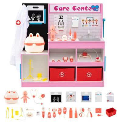 Costway Play Doctor's Office Wood Medical Center Toy Set with Examine Region-Pink