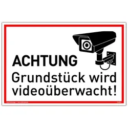 Schild Achtung Grundstück wird videoüberwacht! weiß | stabiles Alu Schild mit UV-Schutz 30 x 20 cm