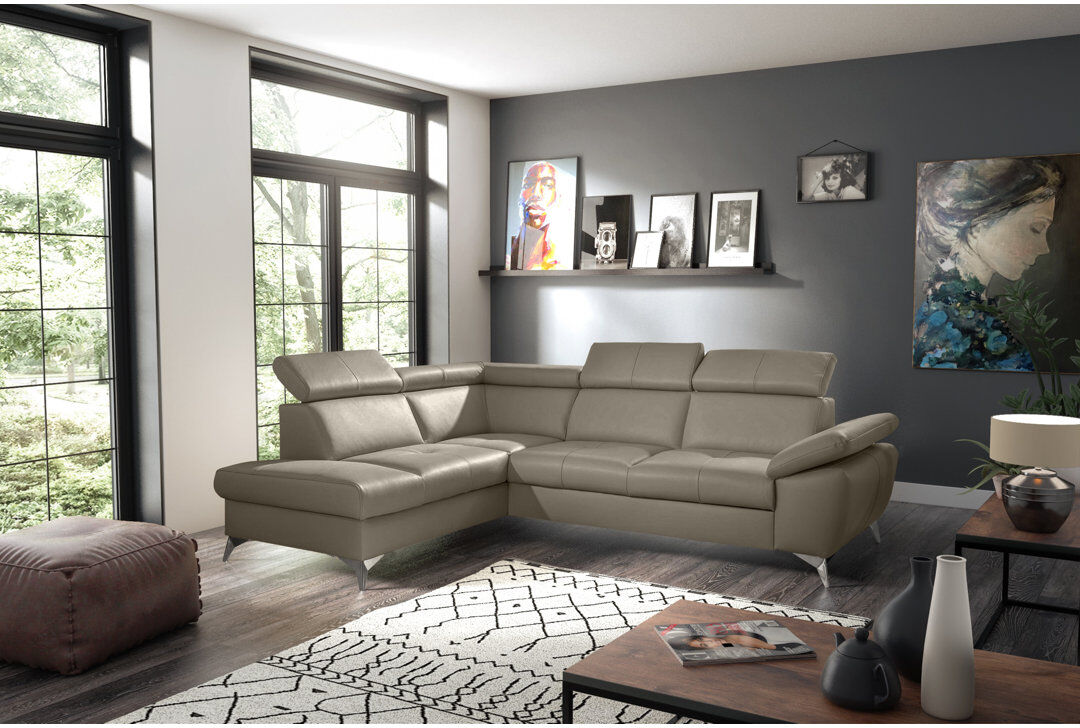 Ivy Bronx Niagara Genuine Leather Sleeper Corner Sofa with Storage, Adjustable Headrests & Adjustable Armrest Taupe 95cm H X 252cm W X 197cm D