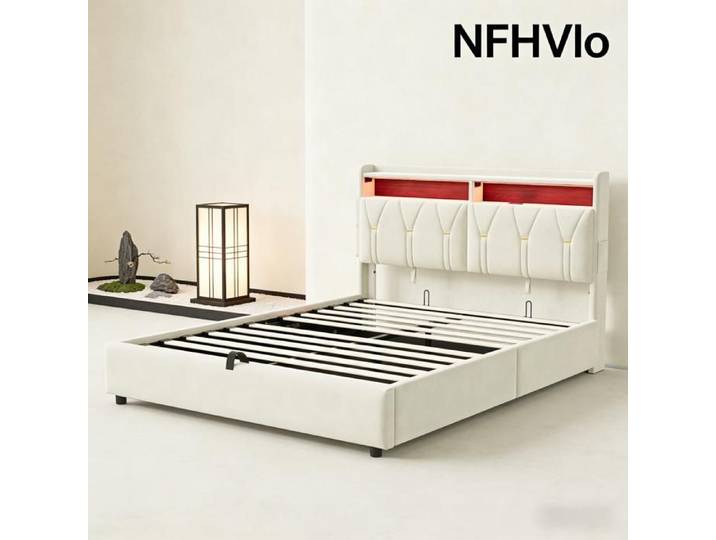 NFHVlo Lit rembourré 140 x 200 cm lit double avec coffre de rangement et sommier à lattes tête de lit port USB