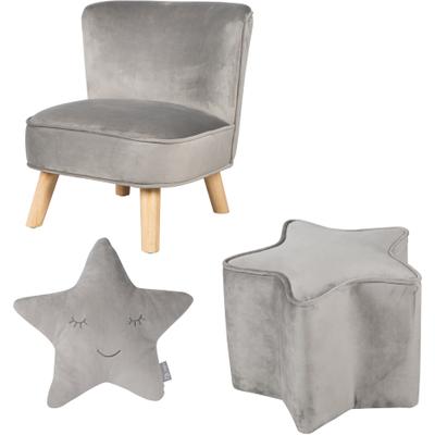 Kindersitzgruppe ROBA "Lil Sofa", grau (silbergrau), Sitzmöbel-Sets, Kinder, Samt, bestehend aus Kindersessel, Kinderhocker und Dekokissen in Sternform