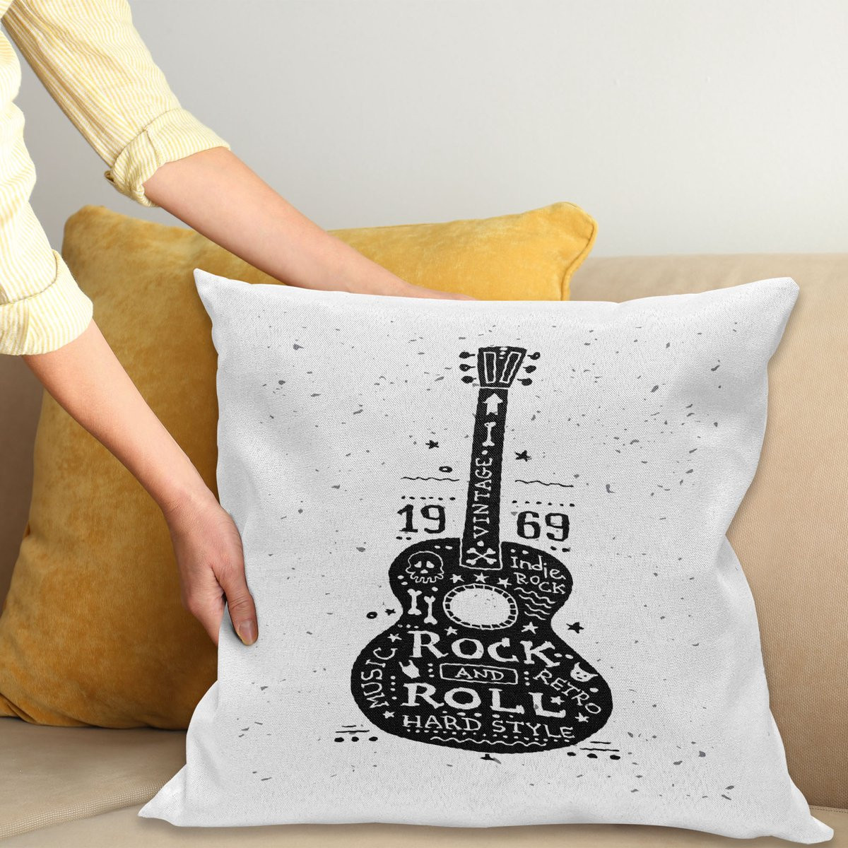 ABAKUHAUS Kussenhoes Gitaar Grunge Rock n Roll, Wit Zwart, 45 x 45 cm