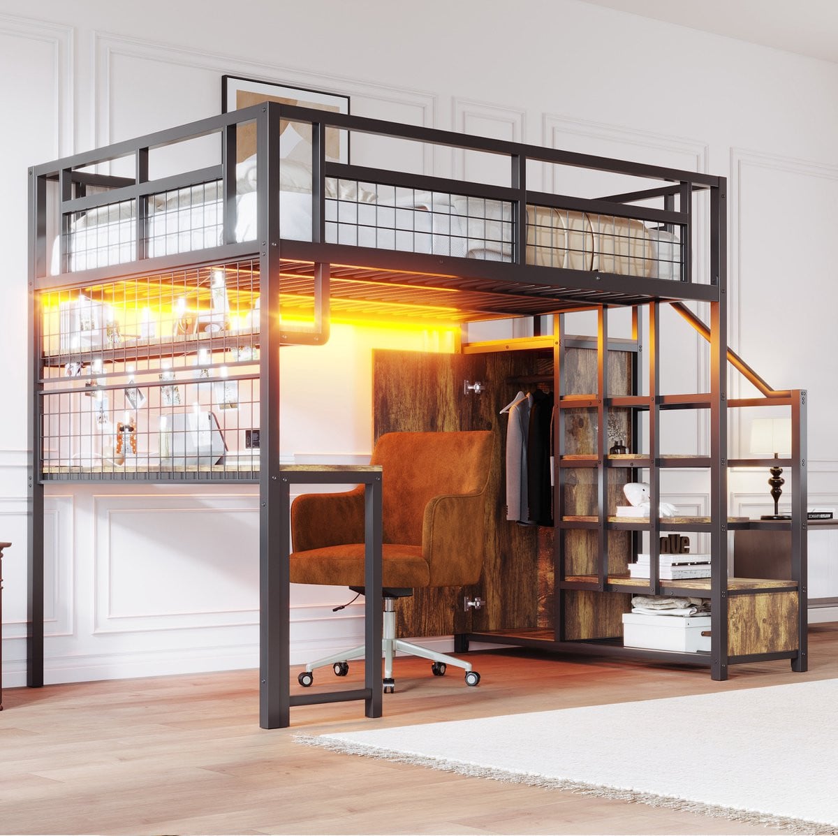 REDOM Hoogslaper met bureau, kast en verlichting, Zwart, 140 x 200 cm