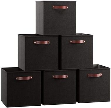 Ornavo Home Foldable Collapsible Storage Box Bins Linen Fabric Shelf Basket Cube Organizer with Leather Handles - Set of 6