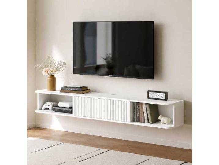 TV Schrank hängend, schwebendes TV-Regal, Fernsehschrank mit Kabelloch Stauraum für DVD-Player Kabelbox Spielekonsole, Hängeschrank, TV Board für Wohnzimmer, Esszimmer, Schlafzimmer, 178cm Weiß