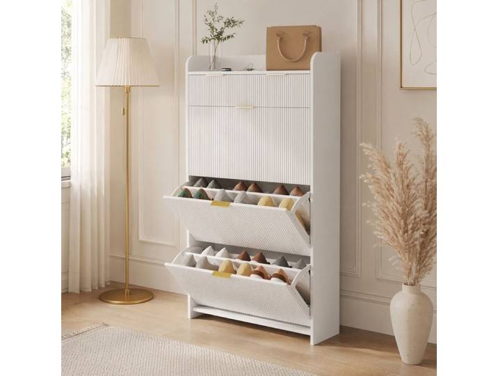 Meuble à chaussures avec 3 abattants et 2 tiroirs Meuble d'Entrée Blanc pour chaussures Design scandinave moderne 77x 24x 133 cm