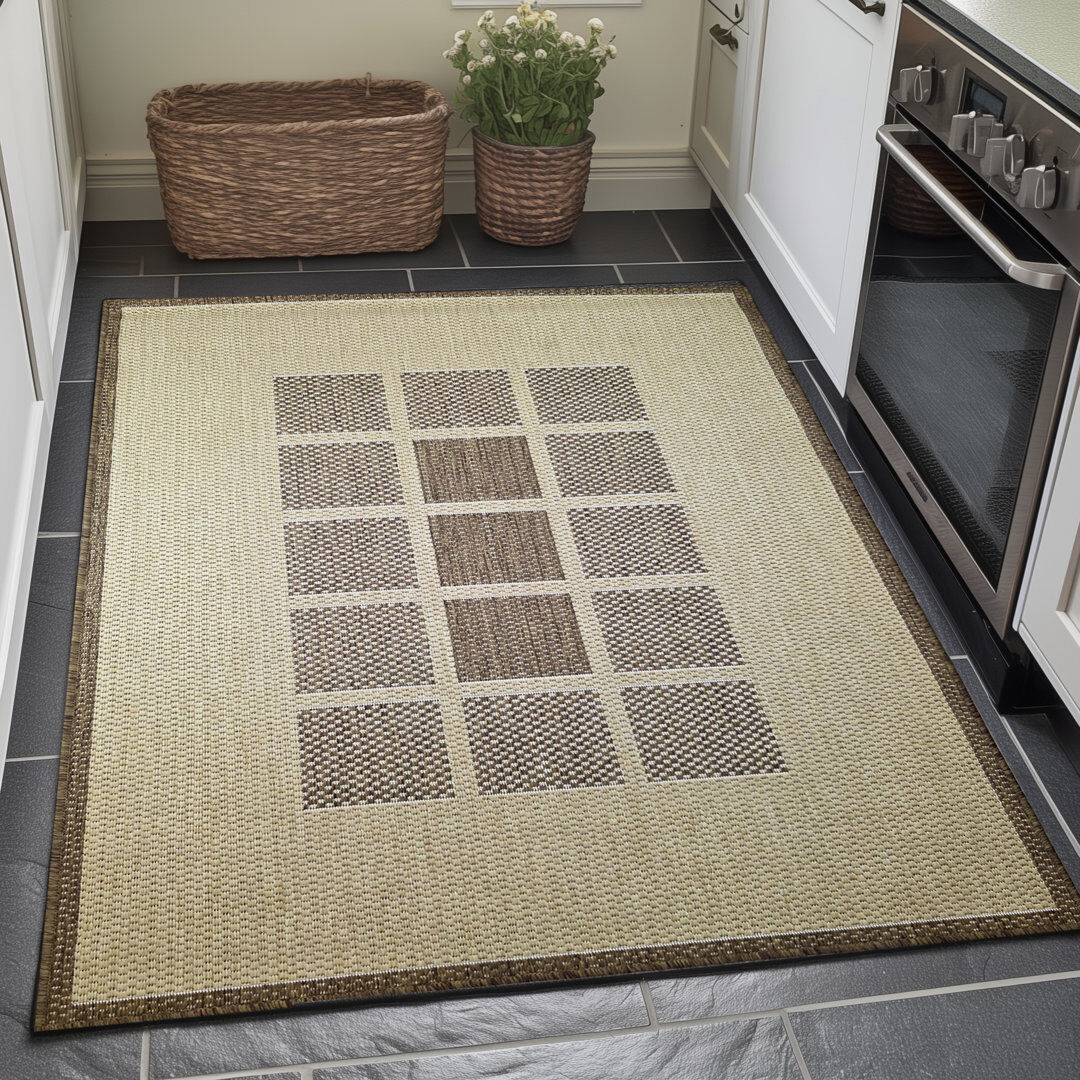 Brambly Cottage Gere Rug Non Slip Flat Weave Border Check Geometric Kitchen Living Room Carpet Brown Rectangle 120 x 160 cm