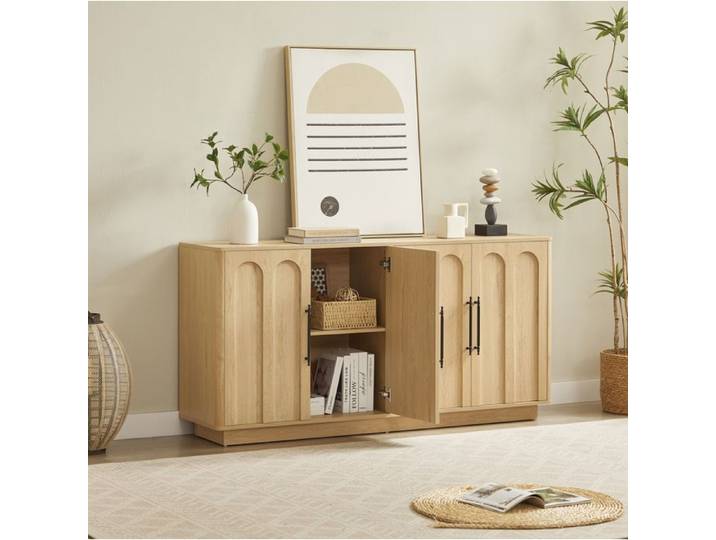 Buffet bas 4 portes avec charnières soft-close et anti-basculement meuble rangement 160x40x80 cm ORVRYN