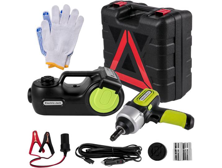 SucceBuy 4 en 1 cric de voiture électrique 12V 5T cric hydraulique Portable clé à chocs compresseur de pneu levage lumière LED outil de réparation de voiture