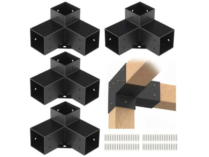 VEVOR Kit Supports de Pergola 4x4 po 10x10 cm Support de Poteau Bois de Menuiserie 4 Supports d'Angle à 3 Voies Base de Poutres Quincaillerie Bricolage pour Tonnelles\, Pergolas de Terrasse\, Cabanes