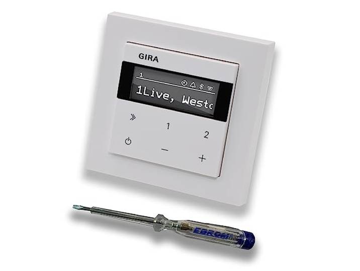 Gira Unterputz IP Internetradio 232003 + Bluetooth - E2 reinweiß glänzend mit 1fach Rahmen Gira 021129 inkl. EBROM Phasenprüfer zur Montage des Geräts