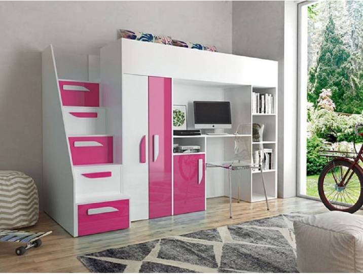 Hochbett PARTY (Etagenbett mit Schreibtisch + Kleiderschrank) Farbe wählbar