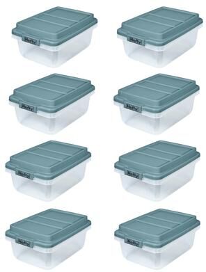 Hefty 18 Qt Hi-Rise Stackable Plastic Storage Bin with Lid, 8 Pack, Smoke Blue