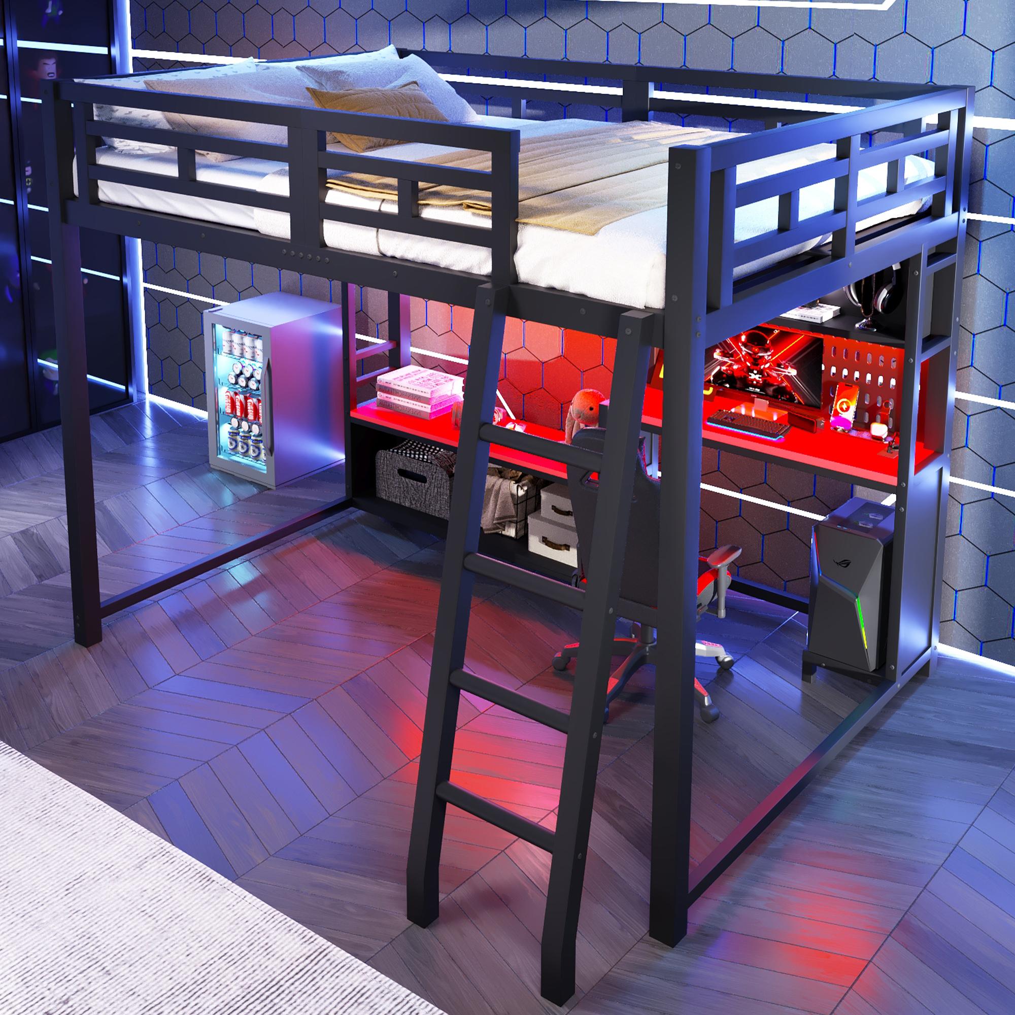 STILVORA Etagenbett 140x200 cm aus Metall mit Schreibtisch, Hochbett mit LED-Beleuchtung und Aufbewahrungsregalen, Metallbett im Gaming-Stil, Schwarz