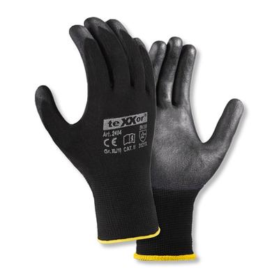 12 Paar teXXor® Polyester-Strickhandschuhe POLYURETHAN BESCHICHTET, Arbeitshandschuhe, schwarz, 2404 - Größe 10 (XL)