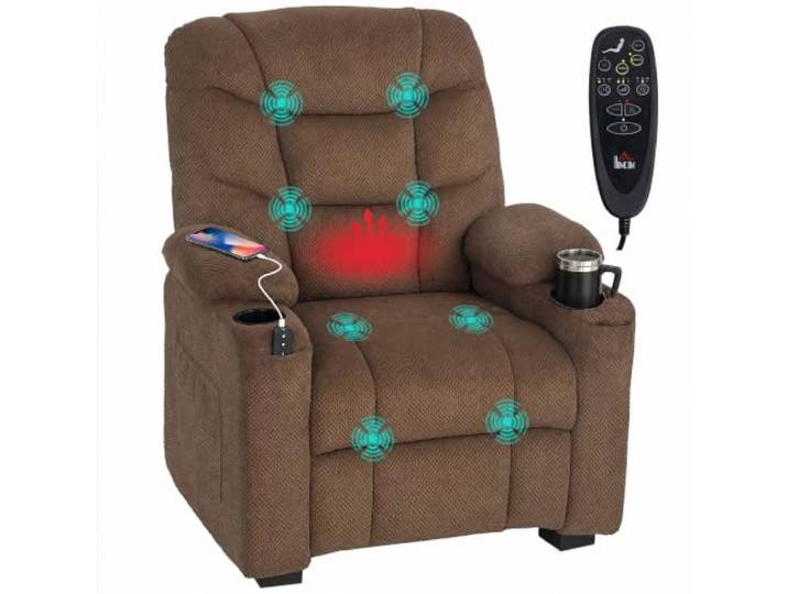 HOMCOM Elektrischer Relaxsessel mit Massage und Wärme, Samt-Fernsehsessel mit leisem Motor, Memory-Funktion, USB-Anschluss, Seitentaschen, Braun