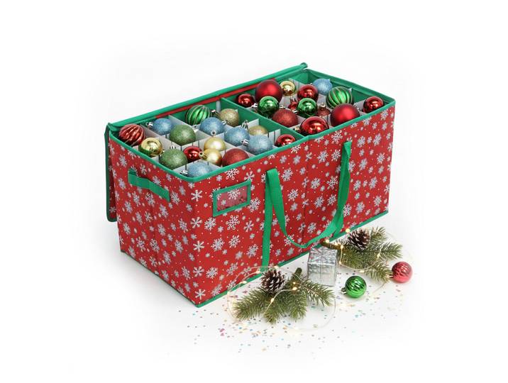 Relaxdays Weihnachtskugelbox Rot Grün 128 Fächer, Textil, Wellpappe, Rechteckig, 66x33x33 cm, Dekoration, Weihnachtsdekoration, Christbaumschmuck