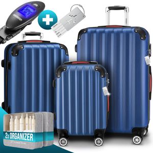Monzana Koffer Baseline, blau, 3-teilig + Zubehör, Hartschale, mit 4 Rollen, klein / mittel / groß