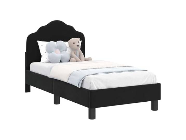 PUGYNBK Bettgestell Toddler schwarz mit Kopfteil Robustes Holz, weicher Samt, fester Lattenboden, niedriges Profil, einfache Montage