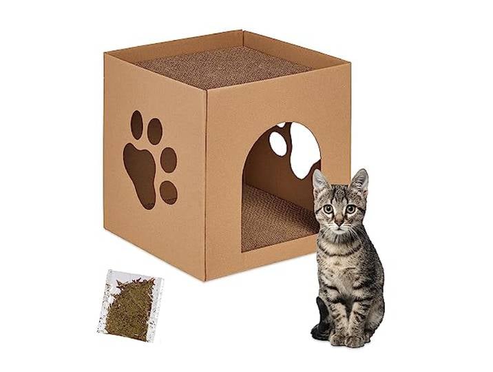 Relaxdays Niche en Carton pour Votre Chat\, avec griffoirs\, à Construire\, Herbe aux Chats Incluse\, 30x30x30\,5 cm\, Marron