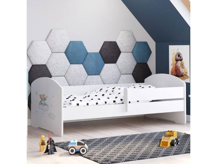 Lit enfant LUK 160x80 avec matelas sommier et barrière de sécurité – Blanc avec illustration d'ours