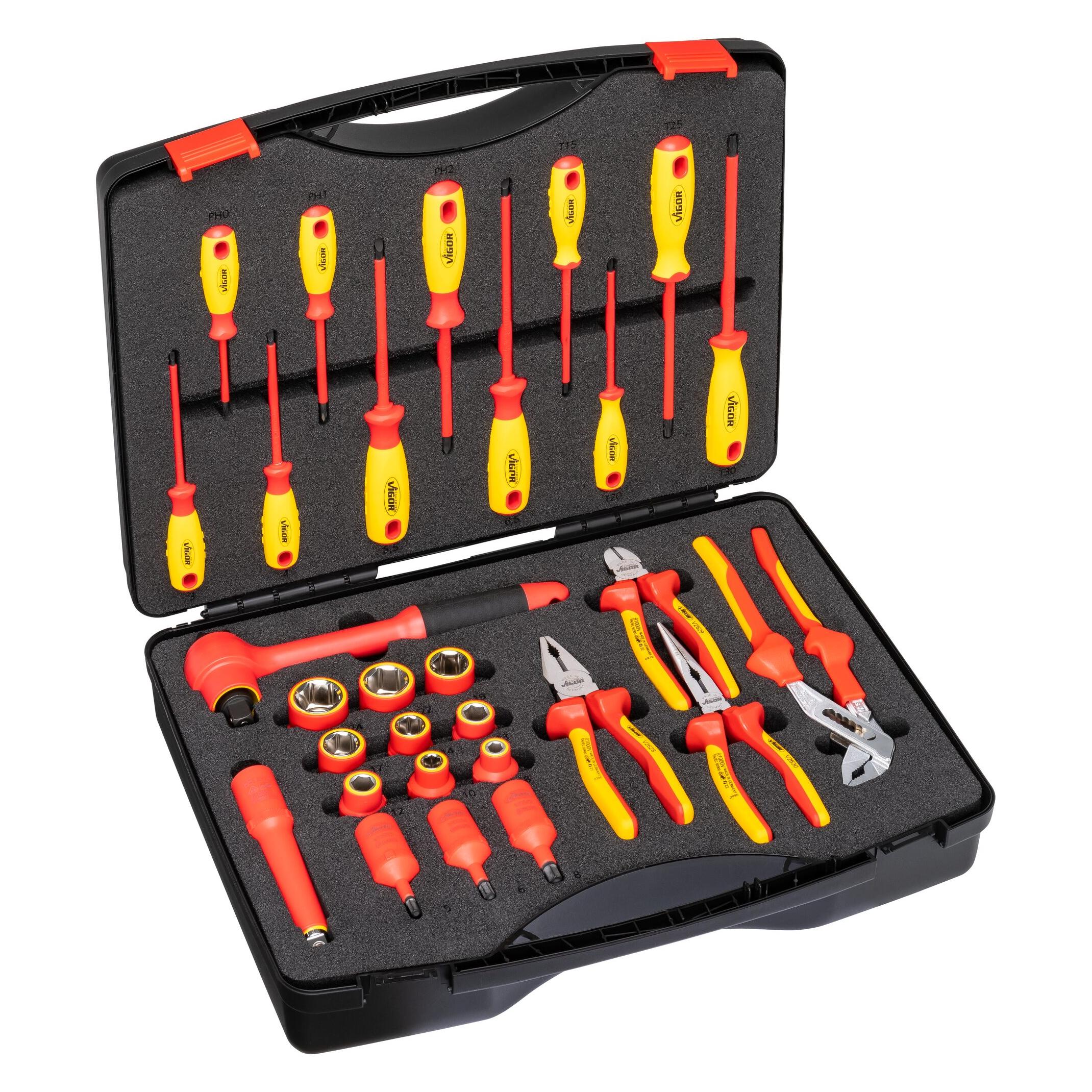Vigor VDE Werkzeug Satz V5632 Vierkant12,5 mm (1/2 Zoll) Aussen Sechskant Profil, Innen Sechsk... (29 Teile) (V5632)