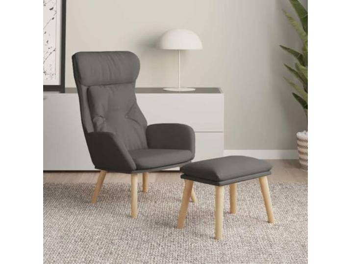 Relaxsessel mit Hocker Dunkelgrau Stoff, Kautschukholz und Metallgestell Stoff Dunkelgrau, massives Kautschukholz, Metallrahmen, Fußablage, zusätzliche Sitzfläche, Montageanleitung inklusive