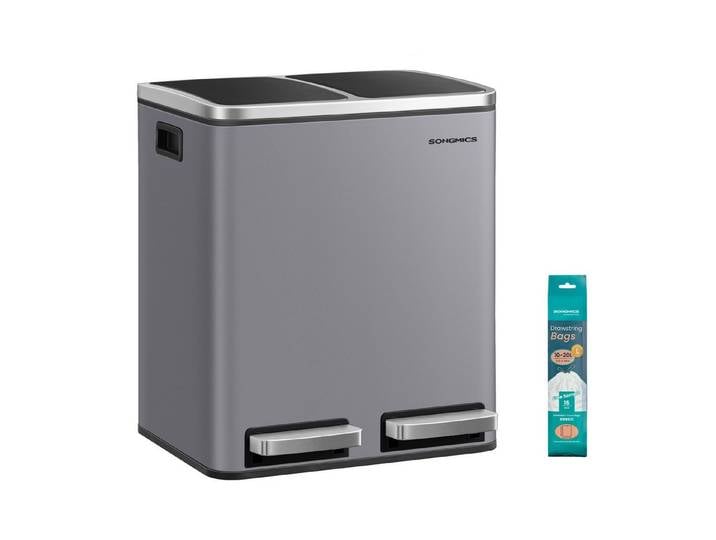 SONGMICS Mülleimer Mülltrennsystem 2x15L 2x30L, Abfalleimer, 30L 60L, ergonomisch, Stahl, Metall-Fußreling