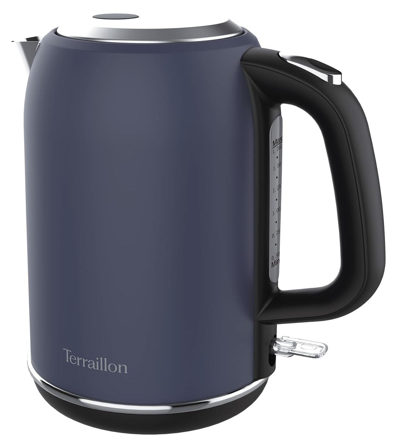 Terraillon NEW MOON Waterkoker, 1,7 liter, 2200 watt, Donkerblauw, RVS, met waterniveau-indicator, Draadloos