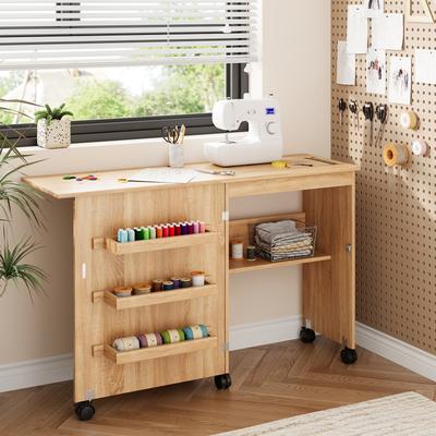 Garvee Folding Sewing Table with Storage and Lockable Wheels Natural Oak