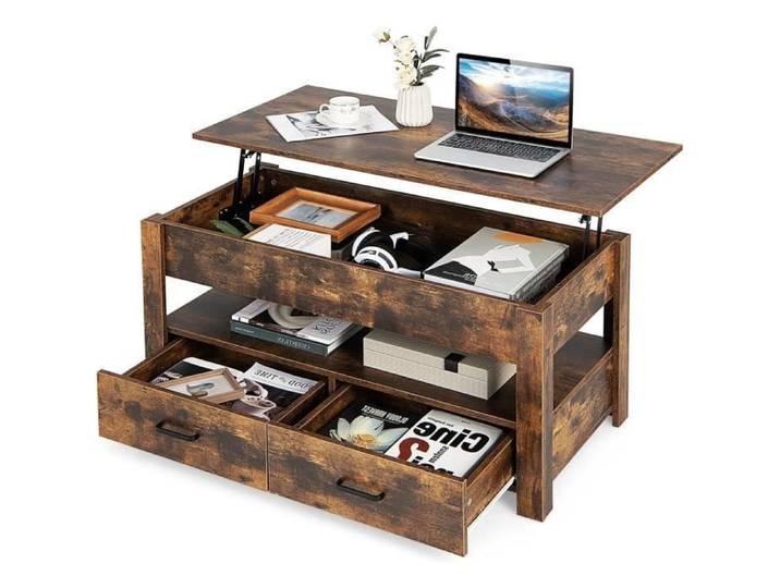 GOPLUS Table Basse Relevable avec 2 Tiroirs 106x50x61CM Charge 50KG avec Compartiment Caché 1 Etagere Ouverte